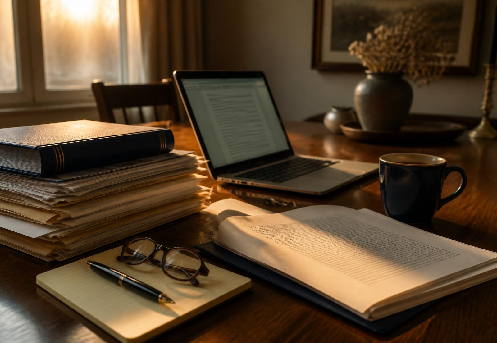 Court papers, reading glasses and a laptop on a dining table in evening light